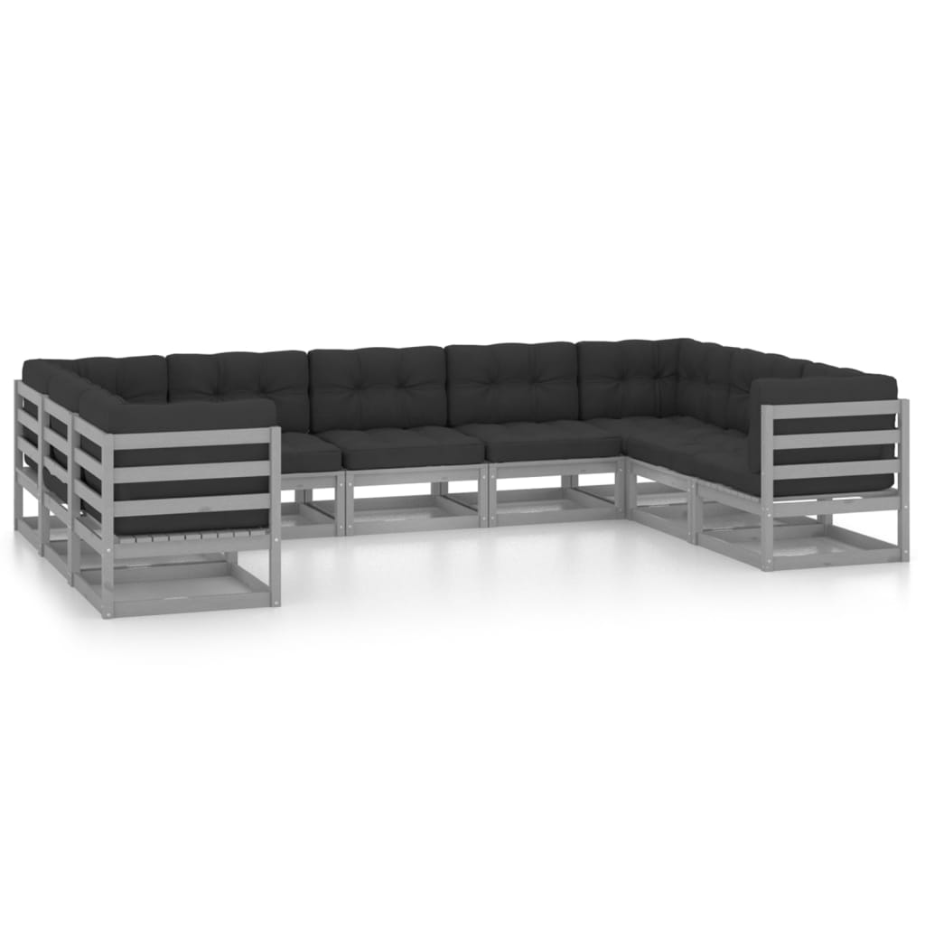 9-tlg. Garten-Lounge-Set mit Kissen Grau Kiefer Massivholz